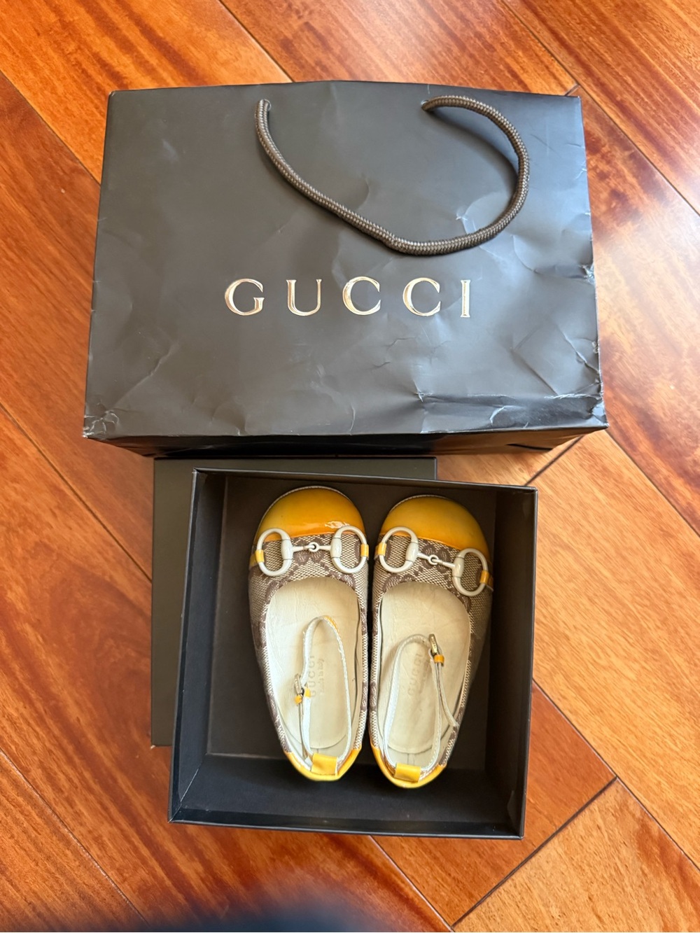 Gucci Kids Yellow Leather & Monogram Ballet Flats with Box and paper bag